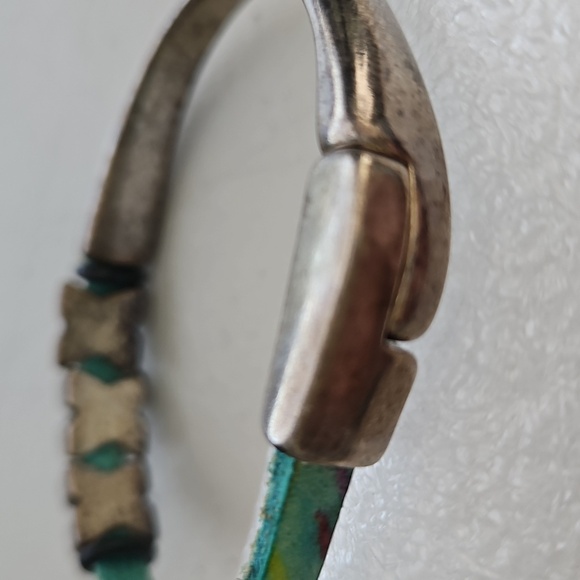 Teal Leather & Silvertone Metal Magnet Bangle Bracelet - Picture 4 of 5